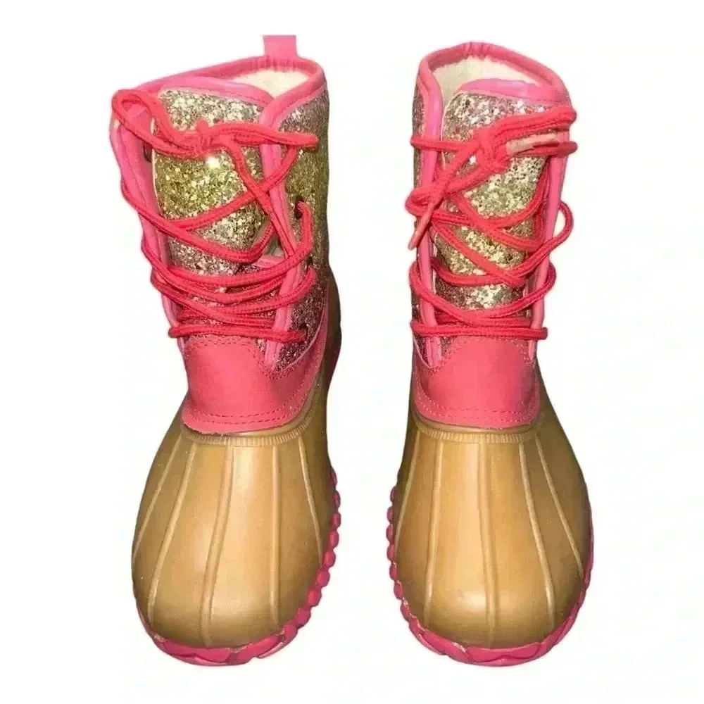 Olivia Miller Duck Boots  Girls Size 3 Pink Gold Glitter Fur Lined Lace Up